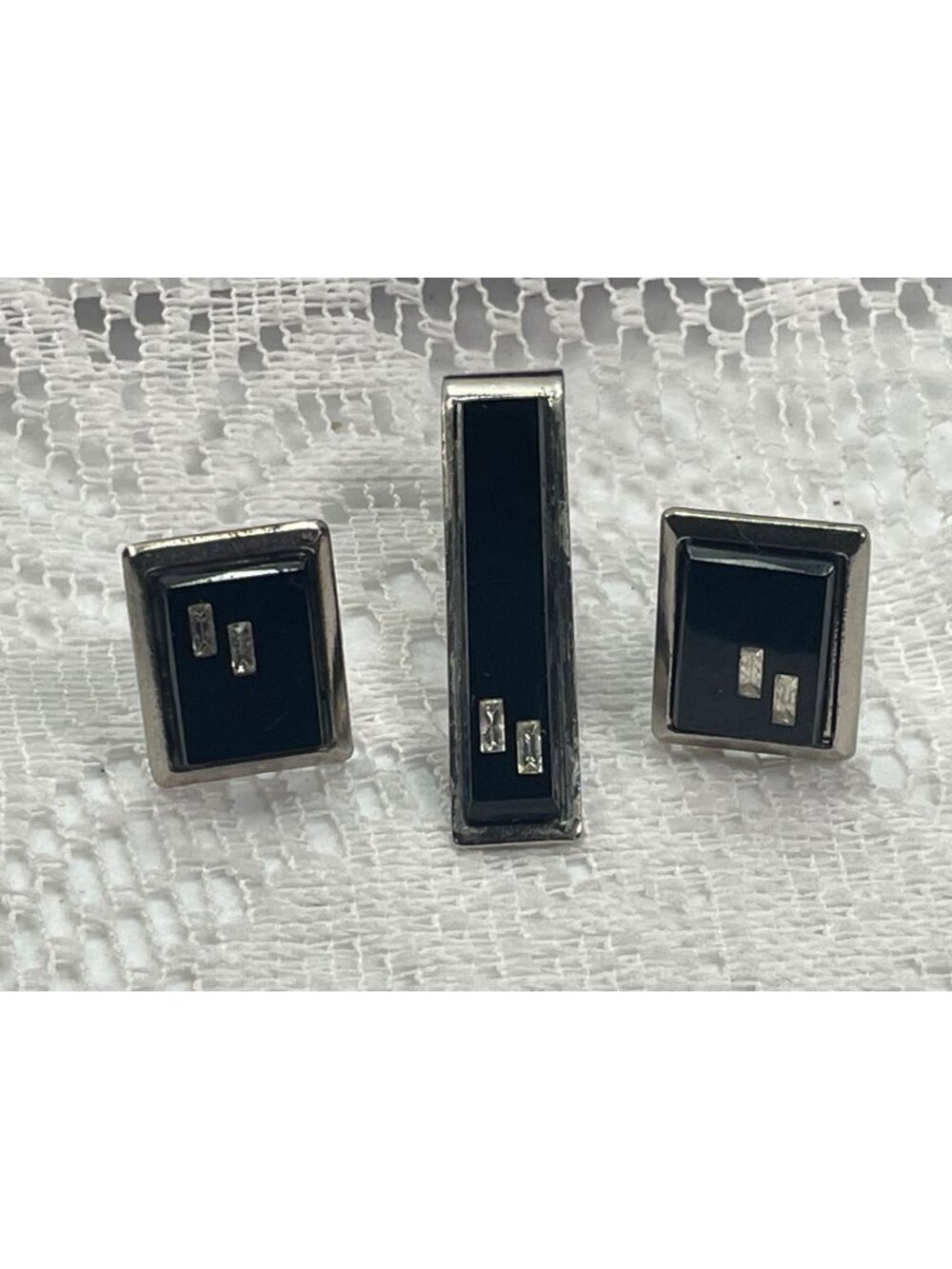 Set of 3 Men's Black Vintage cuff links and Tie clip set.